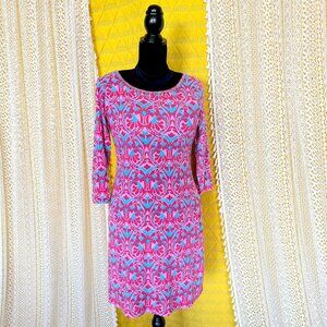 🦋 5 for $25 Beaded Collar Scoop Back Pink & Blue Damask Print Dress Size S